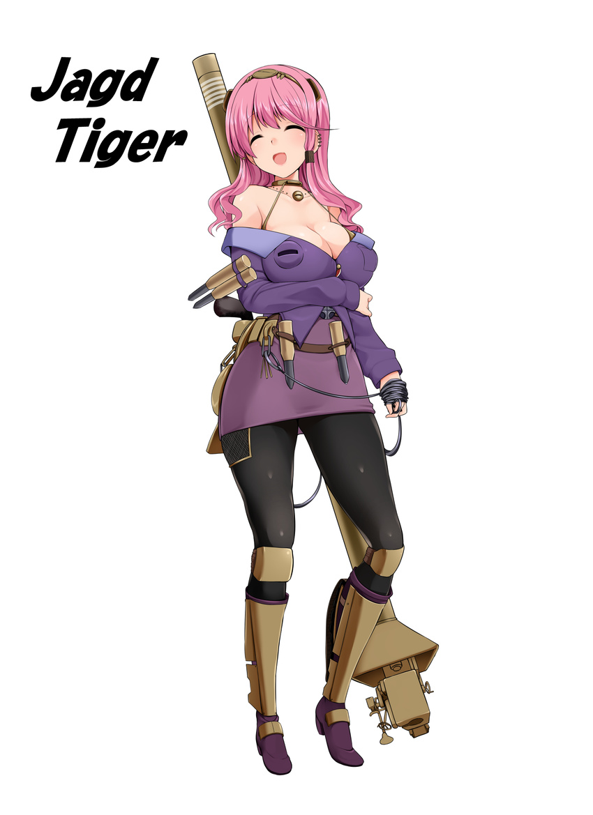 ^_^ bare_shoulders breasts choker cleavage closed_eyes full_body hairband highres jagdtiger large_breasts long_hair miki_purasu open_mouth original pantyhose personification pink_hair simple_background solo tank_destroyer white_background