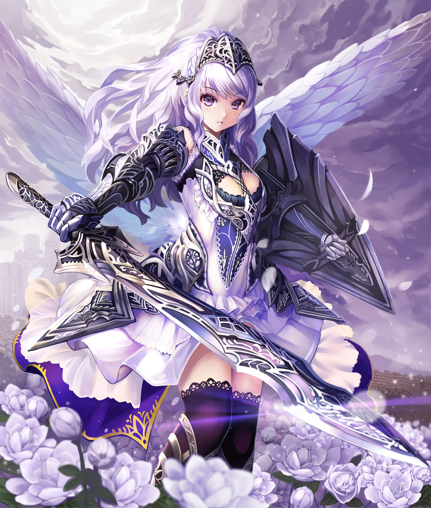 armor black_legwear breasts cleavage flower gauntlets highres lens_flare long_hair looking_at_viewer medium_breasts original purple_eyes purple_hair shield shingoku_no_valhalla_gate solo sword thighhighs very_long_hair weapon wings yato zettai_ryouiki