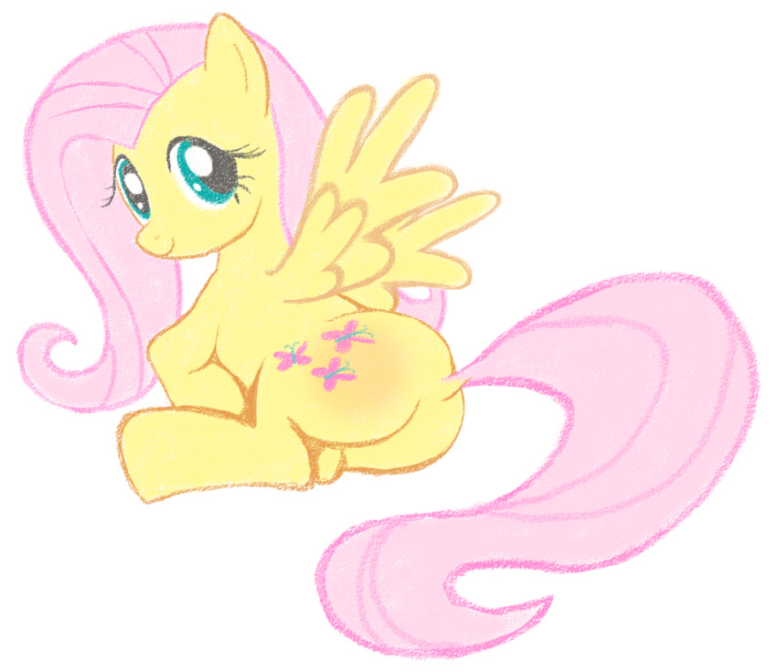 cutie_mark equine female feral fluffy fluffy_tail fluttershy_(mlp) friendship_is_magic fur hair jetfrozen long_tail looking_at_viewer looking_back mammal my_little_pony pegasus pink_hair smile solo wings yellow_fur