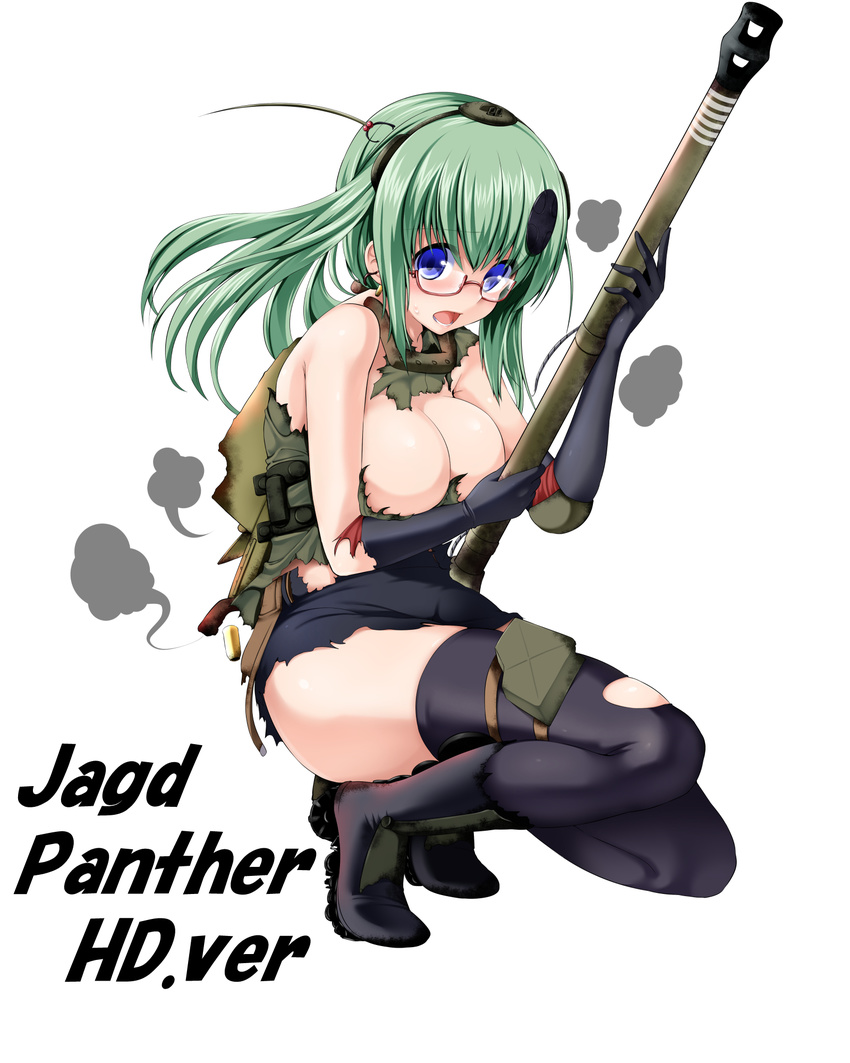 blue_eyes cannon full_body glasses green_hair highres jagdpanther_(personification) looking_at_viewer miki_purasu open_mouth original personification red-framed_eyewear semi-rimless_eyewear short_hair side_ponytail simple_background solo squatting under-rim_eyewear white_background world_of_tanks