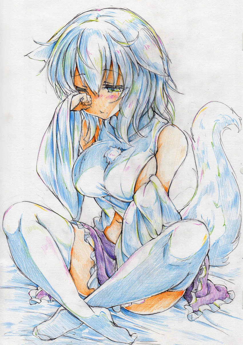 absurdres animal_ears bare_shoulders breasts colored_pencil_(medium) commentary_request detached_sleeves highres indian_style inubashiri_momiji kitazinger large_breasts long_sleeves navel rubbing_eyes shirt sideboob silver_hair sitting skirt solo tail thighhighs touhou traditional_media white_legwear wide_sleeves wolf_ears wolf_tail