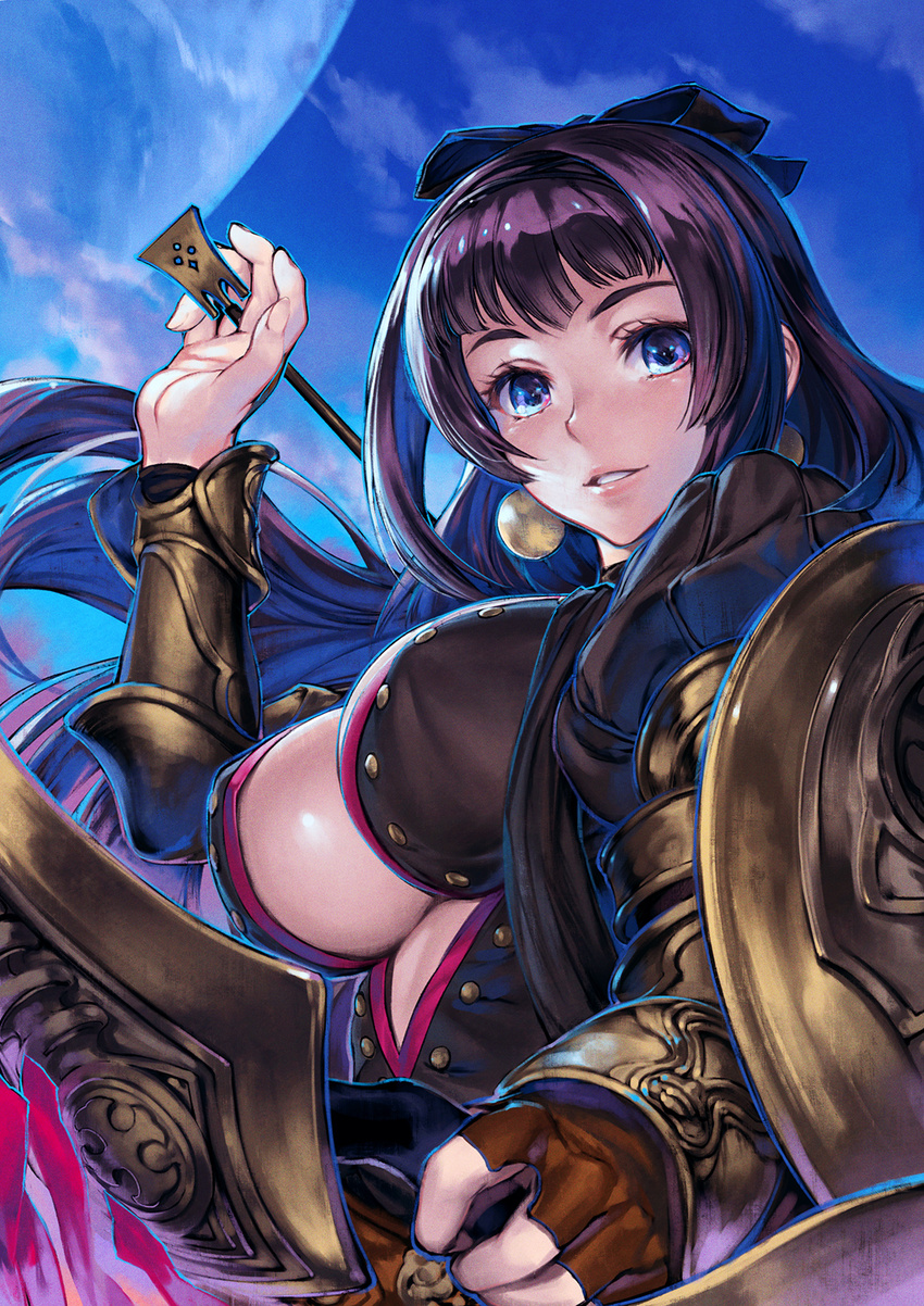 arrow bad_id bad_pixiv_id between_fingers black_hair blue_eyes blush bow_(weapon) breasts brown_gloves ear_ornament fingerless_gloves gloves grace_(terra_battle) hair_ornament highres large_breasts long_hair parted_lips shield simosi smile solo terra_battle unbuttoned weapon