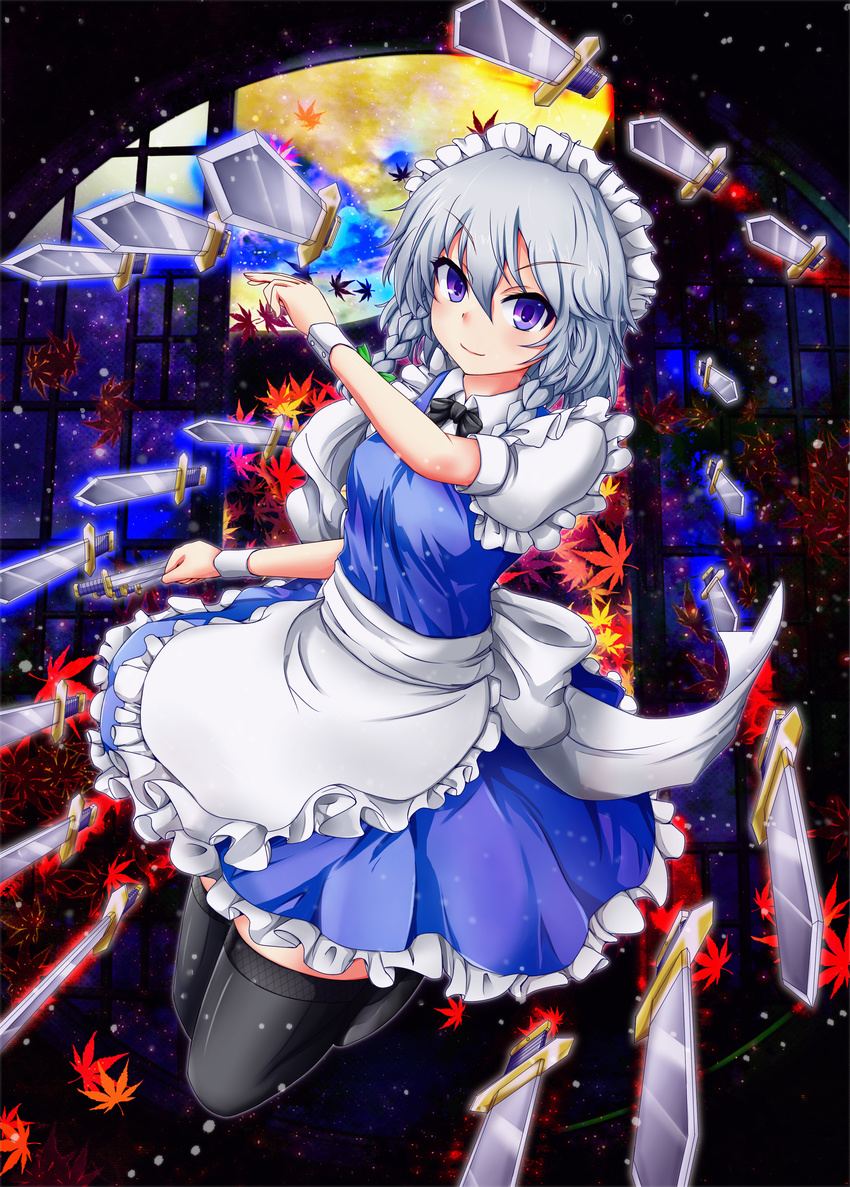 absurdres apron autumn_leaves between_fingers black_legwear blue_dress braid dress full_moon highres hyoumon_(saihokutan) izayoi_sakuya knife looking_at_viewer maid maid_headdress moon night puffy_short_sleeves puffy_sleeves purple_eyes short_sleeves silver_hair sky solo star_(sky) starry_sky thighhighs throwing_knife touhou twin_braids waist_apron weapon wrist_cuffs zettai_ryouiki