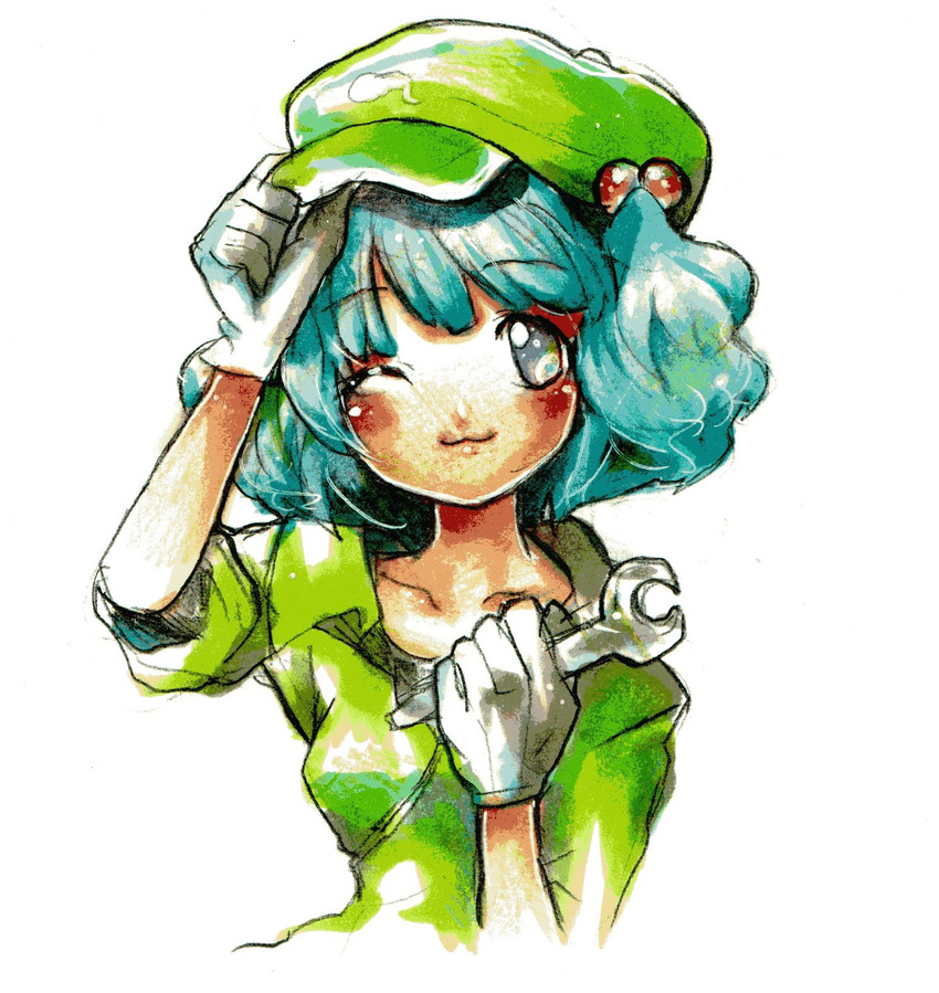 :3 ;3 aqua_eyes aqua_hair arm_up blue_hair blush blush_stickers collarbone engineer gloves hair_bobbles hair_ornament hand_on_headwear hands_up hat highres kawashiro_nitori key looking_at_viewer mini_kibou one_eye_closed short_hair short_sleeves simple_background smile solo touhou traditional_media two_side_up upper_body white_background white_gloves wrench