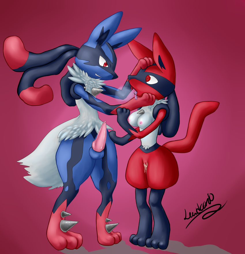 2018 alternate_color animal_genitalia animal_penis anthro balls blue_fur breasts canine canine_penis digital_media_(artwork) duo erection female fur hi_res hypnosis lewdcario lucario male mammal mega_evolution mega_lucario mind_control nintendo penis pink_background pink_penis pok&eacute;mon pok&eacute;mon_(species) pseudo_clothing pussy red_eyes simple_background smile smirk video_games