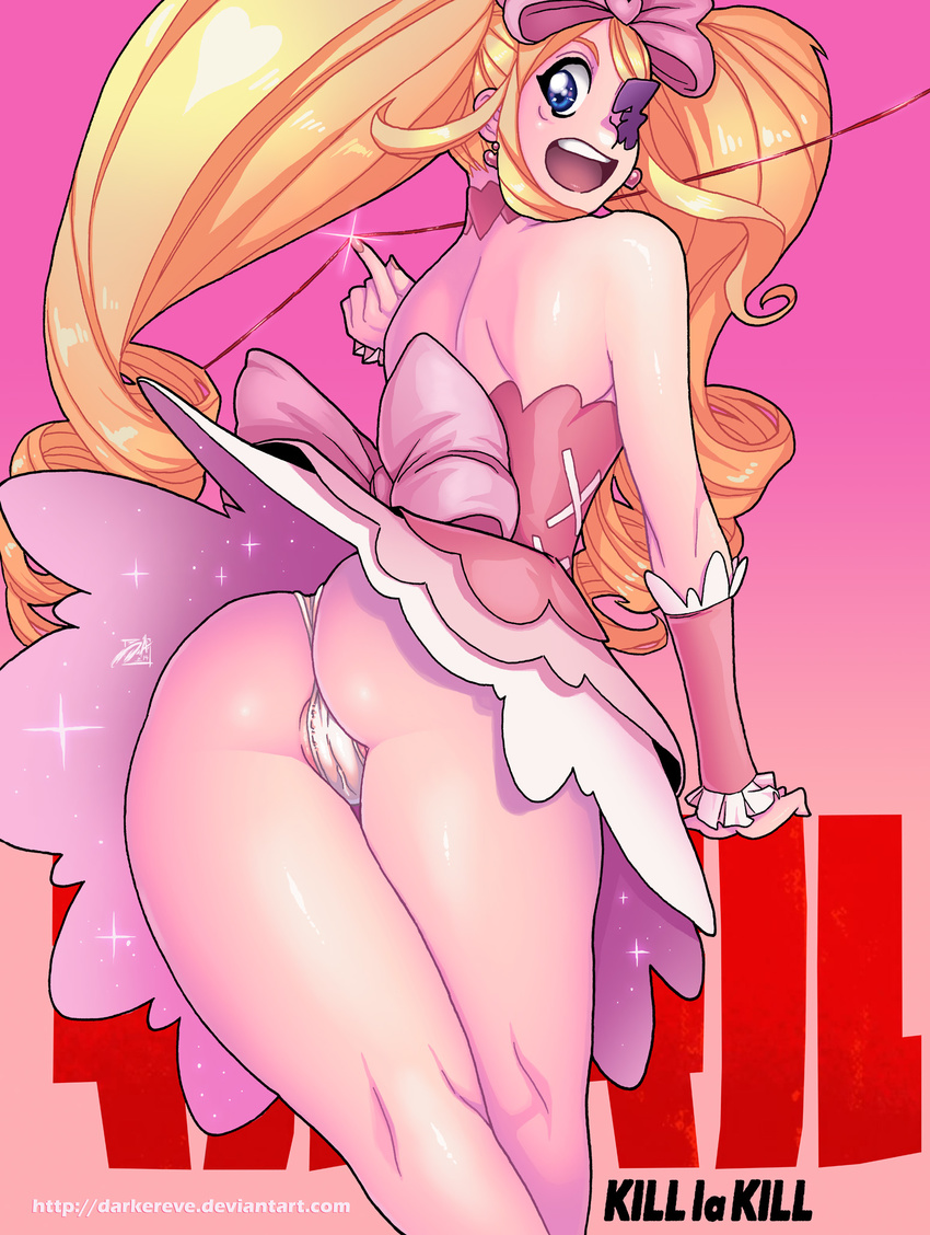 ass bad_deviantart_id bad_id big_hair blonde_hair blue_eyes bow cameltoe darwin_nunez dress drill_hair earrings eyepatch hair_bow harime_nui highres jewelry kill_la_kill life_fiber long_hair looking_back panties pink_bow smile solo strapless strapless_dress twin_drills twintails underwear upskirt wrist_cuffs