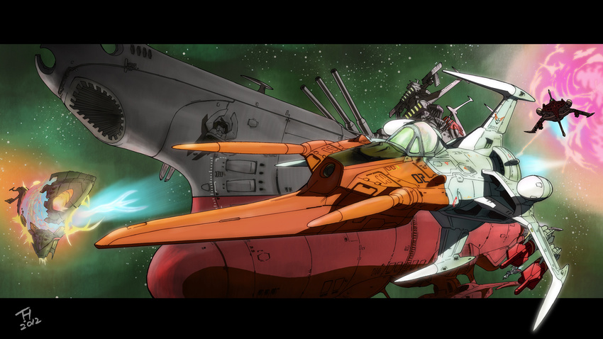 alien battle cosmo_zero dated explosion gamilas highres kujira_gunsou letterboxed missile no_humans oldschool revision science_fiction space space_craft uchuu_senkan_yamato uchuu_senkan_yamato_2199 yamato_(uchuu_senkan_yamato)