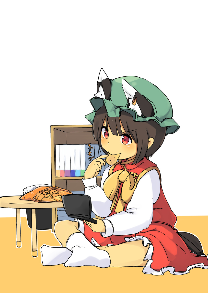 absurdres animal_ears bow brown_hair cat_ears cat_tail chen chips dress earrings eating extra_ears food frills hat highres jewelry long_sleeves mob_cap no_shoes omotin red_eyes red_skirt shirt short_hair simple_background single_earring sitting skirt skirt_set socks solo table tail touhou vest white_background