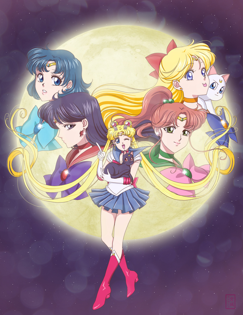 :p ;d absurdly_long_hair absurdres aino_minako artemis_(sailor_moon) back_bow bishoujo_senshi_sailor_moon bishoujo_senshi_sailor_moon_crystal black_hair blonde_hair blue_bow blue_hair blue_sailor_collar blue_skirt boots bow brown_hair cat cat_bot choker crossed_legs elbow_gloves full_body full_moon gloves green_choker green_sailor_collar hair_bow half_updo high_ponytail highres hino_rei holding inner_senshi kino_makoto knee_boots long_hair luna_(sailor_moon) mizuno_ami moon multiple_girls official_style one_eye_closed open_mouth orange_choker pink_bow pleated_skirt profile red_bow red_choker red_footwear red_sailor_collar sailor_collar sailor_jupiter sailor_mars sailor_mercury sailor_moon sailor_senshi sailor_senshi_uniform sailor_venus short_hair skirt smile tongue tongue_out tsukino_usagi twintails very_long_hair white_gloves