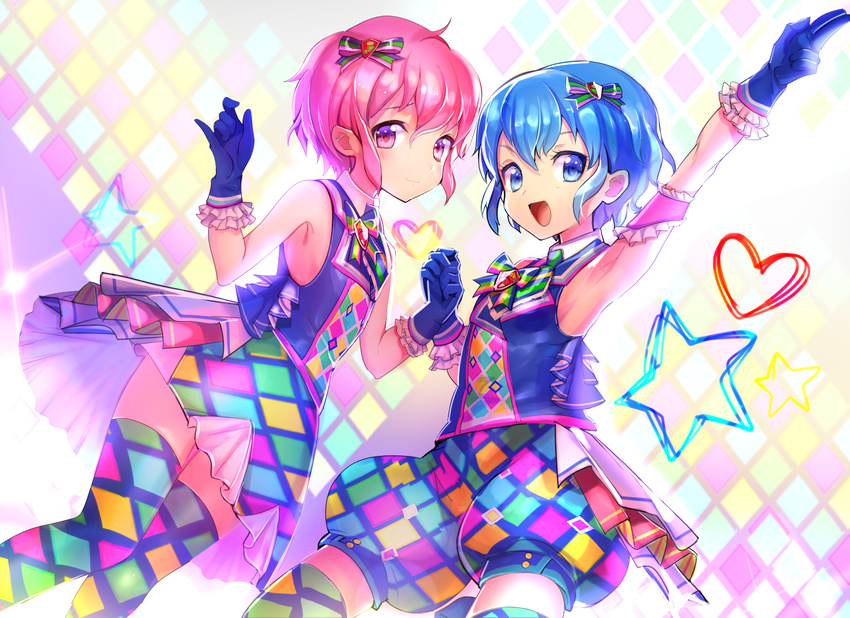 1girl arm_up armpits bare_shoulders blue_eyes blue_hair blush bow brother_and_sister checkered checkered_legwear dorothy_west dress gloves hair_bow hands_together highres konbu_wakame leona_west looking_at_viewer md5_mismatch mole mole_under_eye open_mouth otoko_no_ko pink_eyes pink_hair pretty_(series) pripara short_hair siblings sleeveless smile thighhighs twins