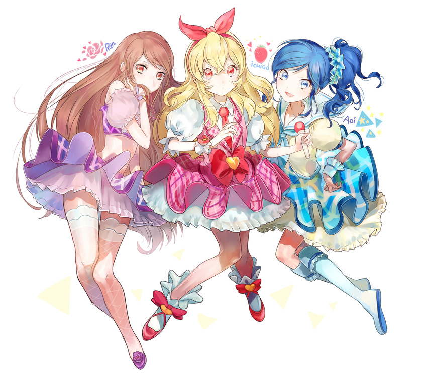 aikatsu! aikatsu!_(series) blonde_hair blue_eyes blue_hair blush bow brown_hair character_name detached_sleeves fishnet_legwear fishnets girl_sandwich hair_bow hair_ornament hair_scrunchie hairband hand_on_own_cheek highres hoshimiya_ichigo idol kiriya_aoi long_hair looking_at_viewer microphone midriff multiple_girls necktie ogino_atsuki plaid plaid_skirt puffy_short_sleeves puffy_sleeves sailor_collar sandwiched scrunchie shibuki_ran short_sleeves side_ponytail skirt smile thighhighs very_long_hair