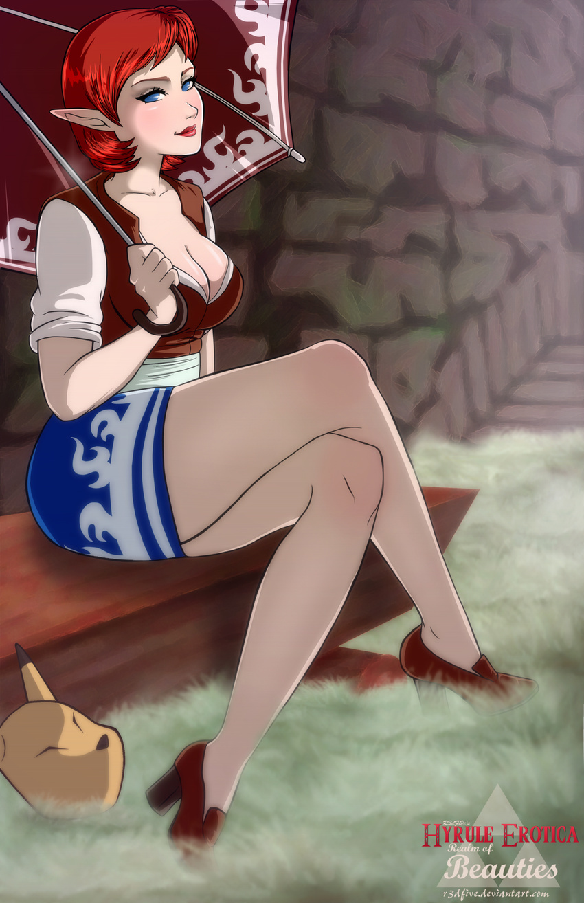 absurdres anju blue_eyes breasts cleavage crossed_legs fox_mask highres lipstick long_legs makeup mask nose parasol pencil_skirt pointy_ears pumps r3dfive red_hair short_hair skirt sleeves_rolled_up smile solo the_legend_of_zelda the_legend_of_zelda:_majora's_mask umbrella watermark web_address