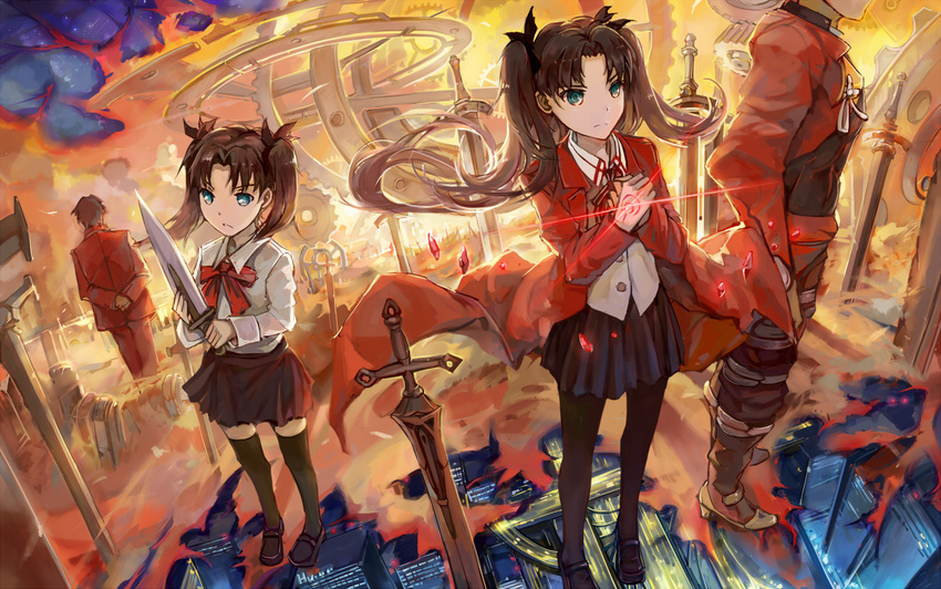 2girls archer azoth_knife black_legwear brown_hair command_spell dual_persona fate/stay_night fate/zero fate_(series) multiple_boys multiple_girls pantyhose spark_(sandro) sword thighhighs toosaka_rin toosaka_tokiomi twintails two_side_up weapon younger zettai_ryouiki