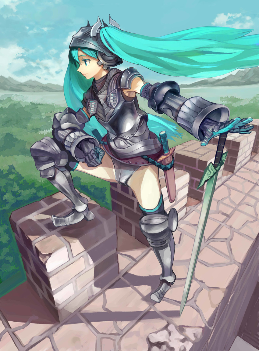 absurdres aqua_eyes aqua_hair armor bad_id bad_pixiv_id hatsune_miku highres long_hair ryman solo sword twintails vocaloid weapon