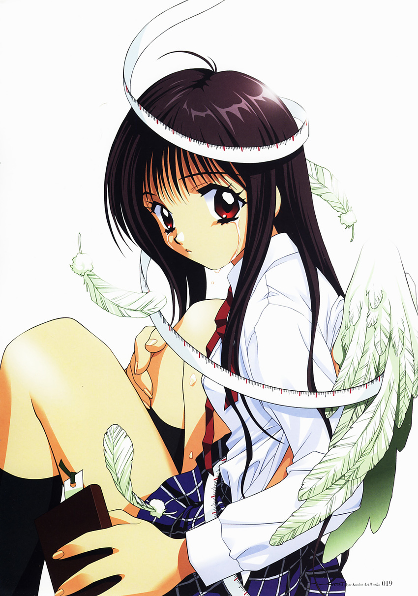 ahoge black_hair black_legwear bookmark copyright_request crying crying_with_eyes_open expressionless feathered_wings feathers fingernails from_side highres kadoi_aya kneehighs knees_up leg_hug long_hair long_sleeves notepad page_number plaid plaid_skirt red_eyes scan school_uniform shirt simple_background sitting skirt solo tape_measure tears white_background white_shirt white_wings wings