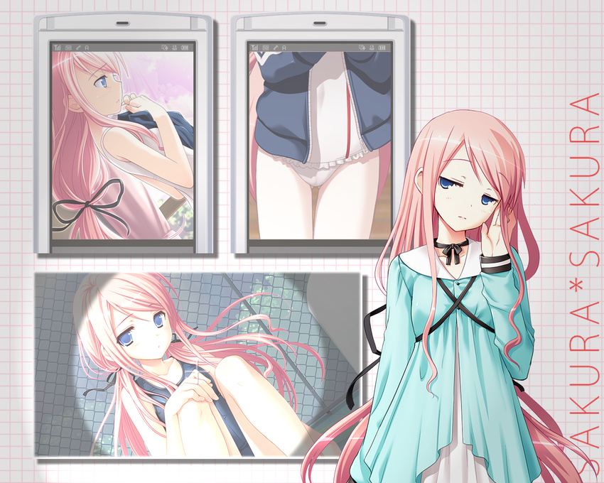 artist_request camera cellphone cellphone_picture choker dress gymnast_leotard gymnastics haikuo-soft jacket jacket_over_swimsuit jitome leotard long_hair one-piece_swimsuit phone photo_(object) pink_hair ponytail ribbon ribbon_choker sakura_nanako sakura_sakura school_swimsuit swimsuit twintails very_long_hair