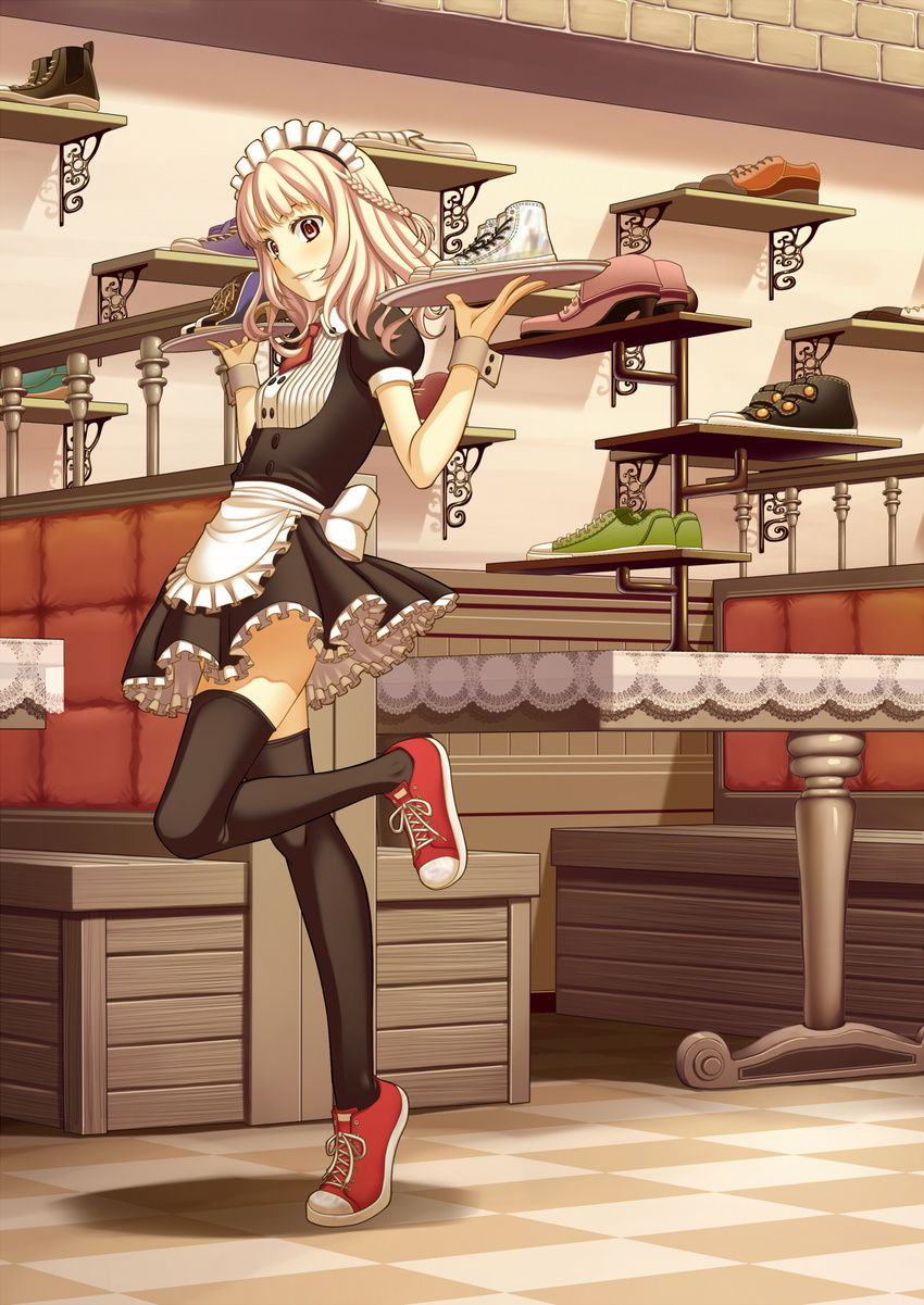 apron bad_id bad_pixiv_id highres holding legs lips original pink_hair shoes sneakers solo terumii thighhighs tiptoes tray waist_apron waitress zettai_ryouiki