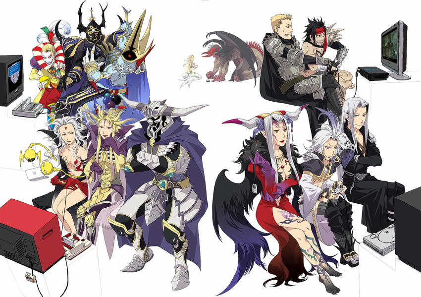 arita_youko armor barefoot blonde_hair brown_hair cape cefca_palazzo chaos_(dff) cloud_of_darkness clown cosmos_(dff) crossed_arms dissidia_final_fantasy dress emperor_(ff2) everyone exdeath famicom feet final_fantasy final_fantasy_i final_fantasy_ii final_fantasy_iii final_fantasy_iv final_fantasy_ix final_fantasy_v final_fantasy_vi final_fantasy_vii final_fantasy_viii final_fantasy_x final_fantasy_xi final_fantasy_xii gabranth_(ff12) game_console garland_(ff1) golbeza handheld_game_console headband helmet highres horns jecht kuja multiple_arms multiple_girls nintendo_ds orz playing_games playstation playstation_2 playstation_portable pocketstation sephiroth silver_hair smile snake spoilers super_famicom tarutaru tattoo television ultimecia video_game white_hair wings