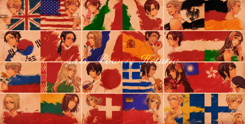 6+boys america_(hetalia) american_flag austria_(hetalia) axis_powers_hetalia bad_id bad_pixiv_id belarus_(hetalia) cat china_(hetalia) dog fan finland_(hetalia) finnish_flag flag flag_background flower france_(hetalia) german_flag germany_(hetalia) greece_(hetalia) hair_ribbon hana-tamago highres hong_kong_(hetalia) hong_kong_regional_flag hungary_(hetalia) italian_flag japan_(hetalia) japanese_flag kisaragi_manami korea_(hetalia) liechtenstein_(hetalia) lithuania_(hetalia) multiple_boys multiple_girls northern_italy_(hetalia) poland_(hetalia) prussia_(hetalia) puppy republic_of_china_flag ribbon russia_(hetalia) southern_italy_(hetalia) spain_(hetalia) sweden_(hetalia) switzerland_(hetalia) taiwan_(hetalia) union_jack united_kingdom_(hetalia)