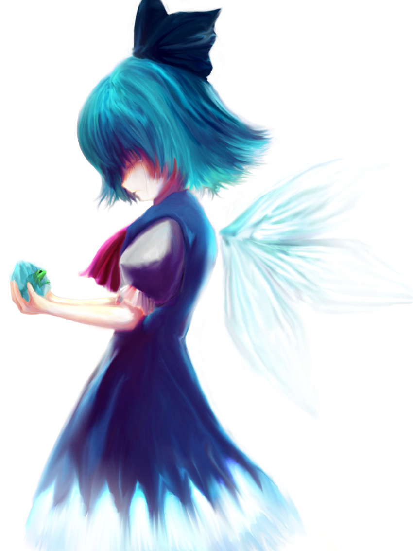 blue_dress blue_hair cirno closed_eyes dress frog hair_ribbon highres ice rasha ribbon sad short_hair solo tears touhou wings