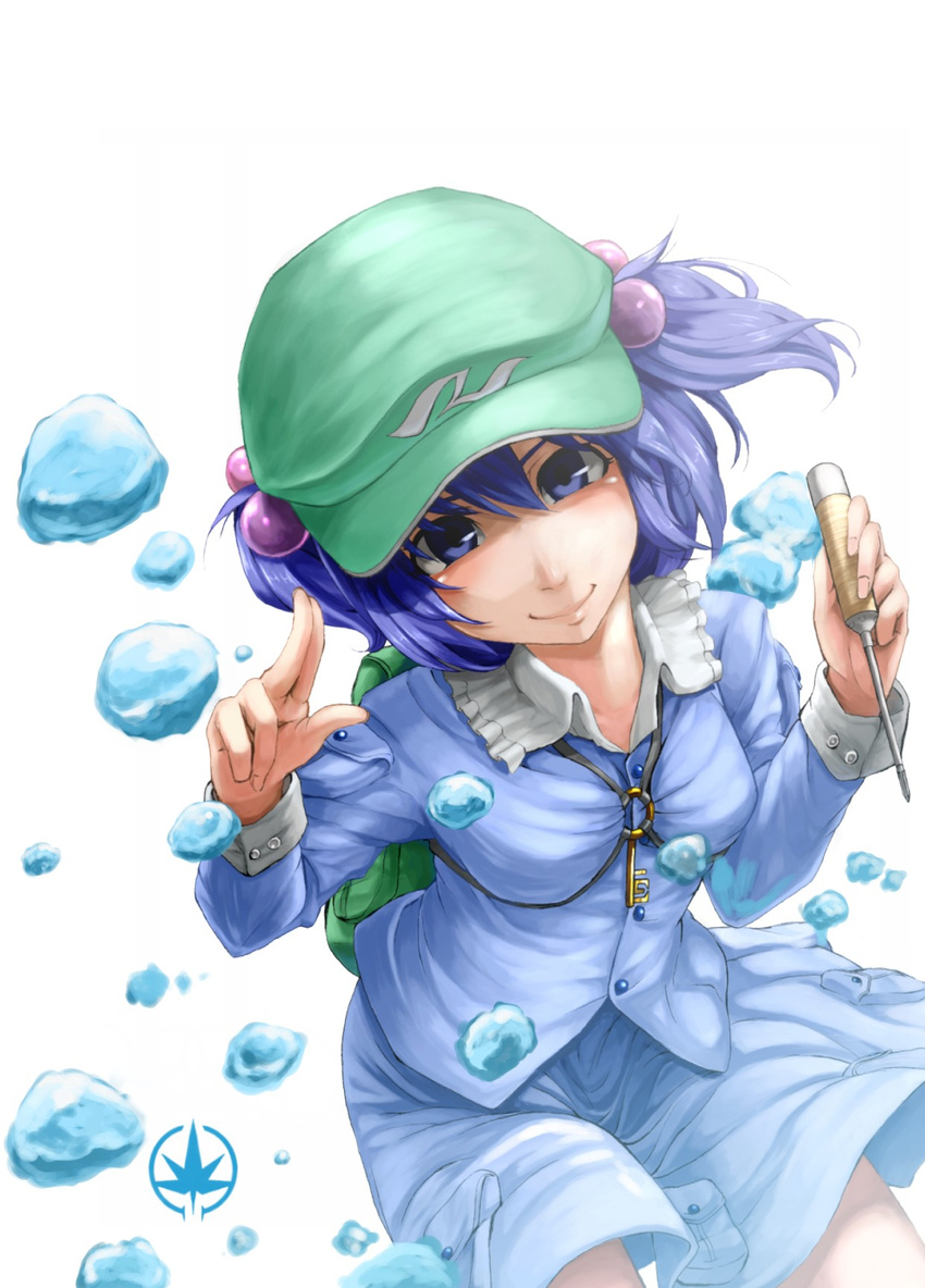 backpack bag blue_eyes blue_hair bubble hair_bobbles hair_ornament hands hat highres kawashiro_nitori key lips screwdriver short_hair smile solo takami_masahiro touhou twintails two_side_up