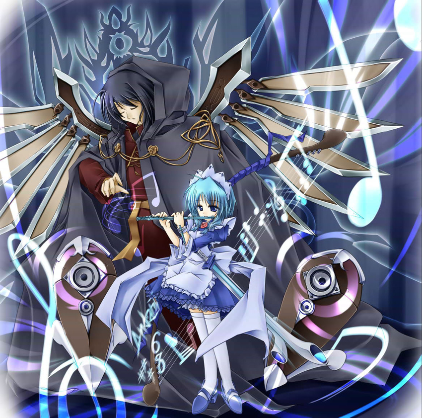 1girl artist_request black_hair blue_eyes blue_hair character_request cloak closed_eyes dress flute high_heels hood instrument mabinogi maid male_sword_spirit musical_note shoes short_hair sword thighhighs weapon weaponized_instrument white_legwear wings zettai_ryouiki