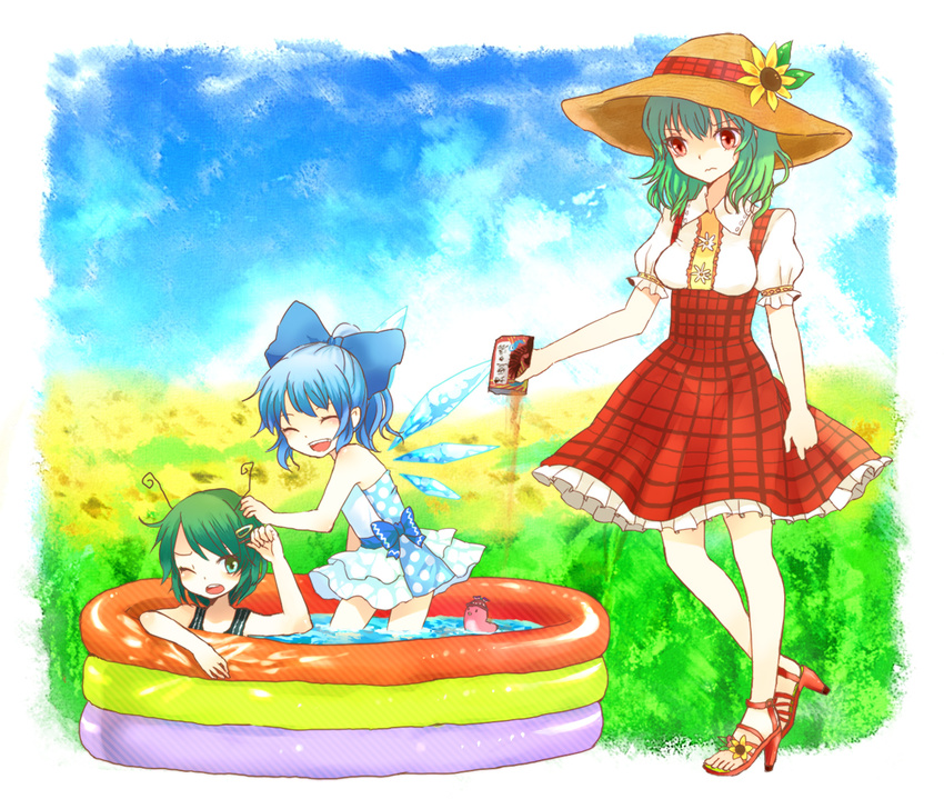 3girls :d adapted_costume alternate_hairstyle animal_ears antennae bird border breasts casual_one-piece_swimsuit child cirno closed_eyes dress fading_border faux_traditional_media field flower flower_field frills green_eyes green_hair hair_ornament hairclip happy hat high_heels ice kazami_yuuka medium_breasts mozukuzu_(manukedori) multiple_girls mystia_lorelei mystia_lorelei_(bird) nature one-piece_swimsuit one_eye_closed open_mouth plaid plaid_dress ponytail ribbon sandals seed shoes smile straw_hat sunflower swimsuit touhou wading_pool water wings wriggle_nightbug