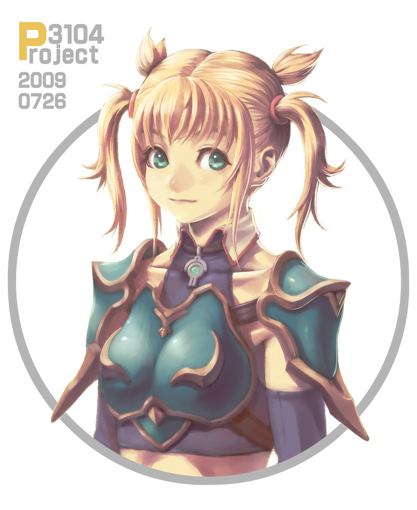 aqua_eyes armor bangs blonde_hair breastplate breasts circle closed_mouth collarbone crop_top dated eyelashes gem green_eyes highres imamushi light_smile lips looking_at_viewer medium_breasts original pauldrons quad_tails round_image sidelocks smile solo upper_body white_background