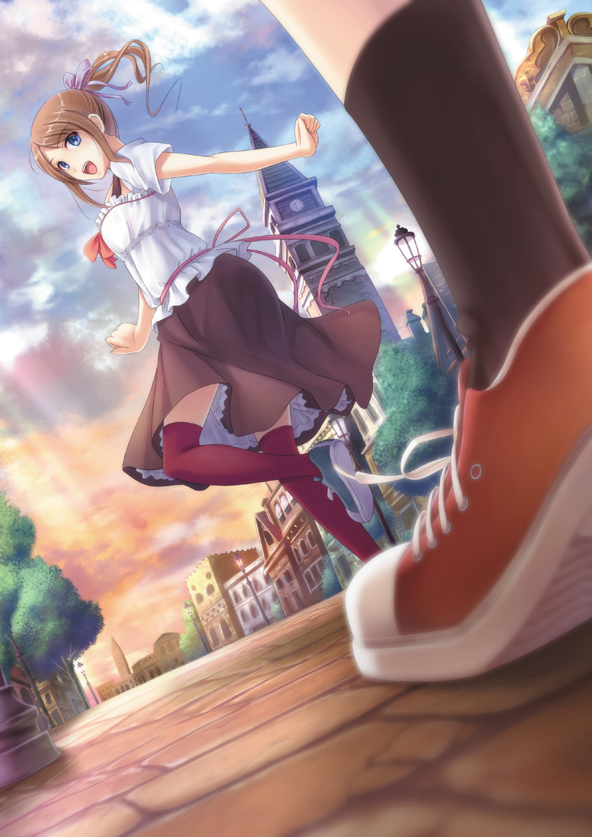 black_legwear blue_eyes blurry brown_hair chobipero depth_of_field dutch_angle from_below hair_ribbon highres lamppost looking_back open_mouth original ponytail ribbon road sett shoes skirt smile sneakers socks solo_focus street thighhighs town