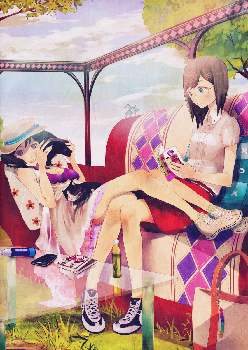 bad_id bad_pixiv_id bag bird black_hair book breasts brown_hair cat cleavage couch drink glasses grass handbag highres long_hair medium_breasts mole mole_under_mouth multiple_girls no_socks original playing_games shigureteki shoes smile sneakers video_game