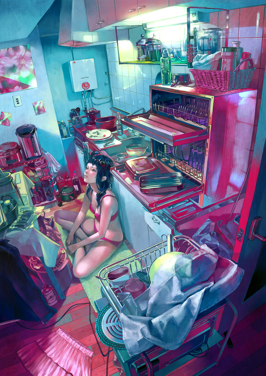 black_hair blue blue_eyes bra dutch_angle fluorescent_lamp highres indian_style indoors kitchen lingerie one_side_up original panties perspective pink realistic room scenery sitting skirt solo underwear zain