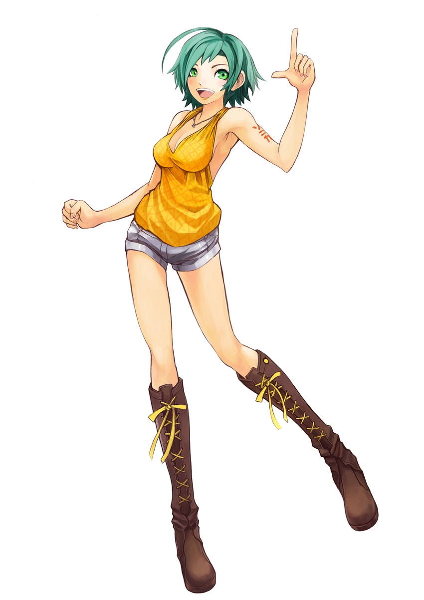 ahoge boots breasts cleavage cpux4 fashion full_body green_eyes green_hair highres large_breasts nail_polish pink_nails short_hair short_shorts shorts simple_background smile solo sonika vocaloid