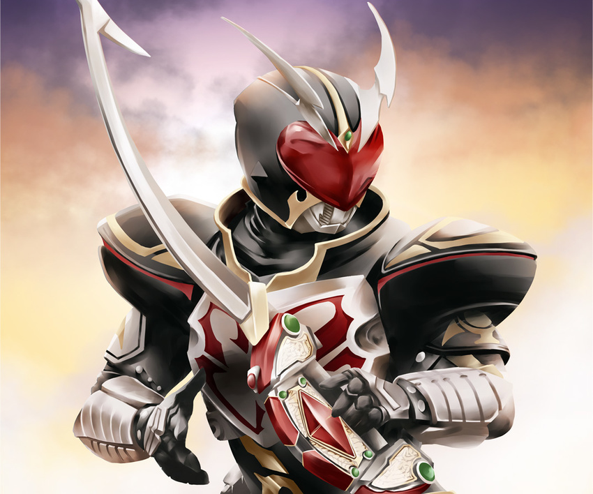 bow_(weapon) goggles helmet hitomi2230 holding holding_sword holding_weapon kamen_rider kamen_rider_blade_(series) kamen_rider_chalice looking_to_the_side male_focus shoulder_pads solo sword upper_body weapon