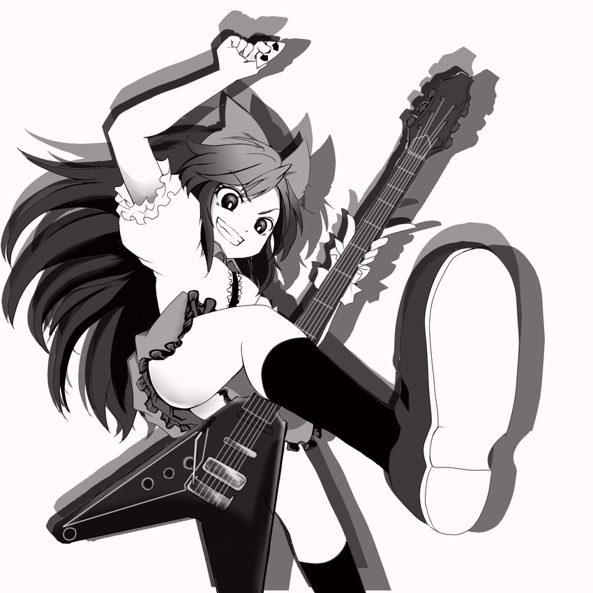 greyscale grin guitar highres instrument long_hair monochrome reiuji_utsuho ribbon smile solo touhou wakie