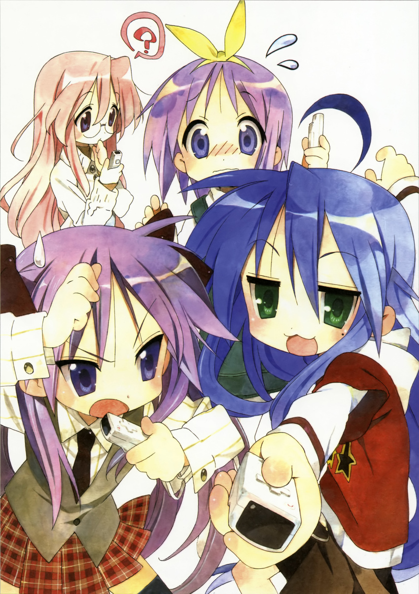 absurdres ahoge blue_eyes blue_hair game_console glasses highres hiiragi_kagami hiiragi_tsukasa izumi_konata long_hair lucky_star mole mole_under_eye multiple_girls pink_hair playing_games purple_hair short_hair takara_miyuki video_game wii yoshimizu_kagami