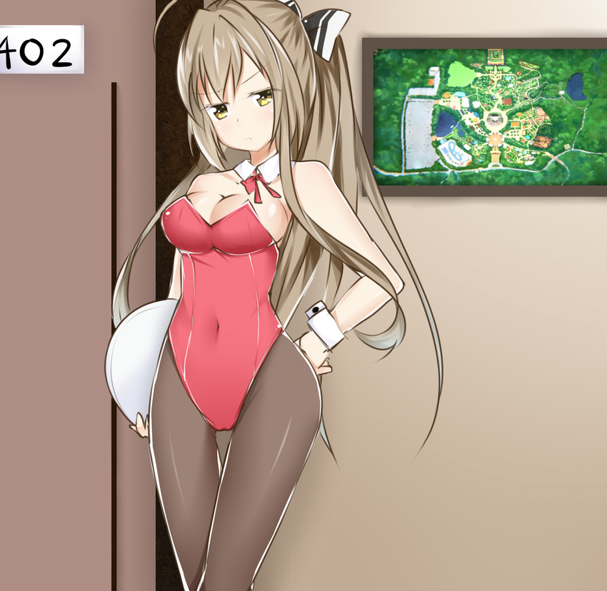 1girl amagi_brilliant_park animal_ears blonde_hair breasts bunny_ears bunny_girl bunny_suit bunny_tail bunnyears bunnygirl bunnysuit bunnytail cameltoe cleavage collar cuffs hair hands_on_hip large_breasts long_hair necktie pantyhose ponytail red_bunny_suit red_bunnysuit ribbon sento_isuzu solo standing tail tie tray wide_hips yellow_eyes