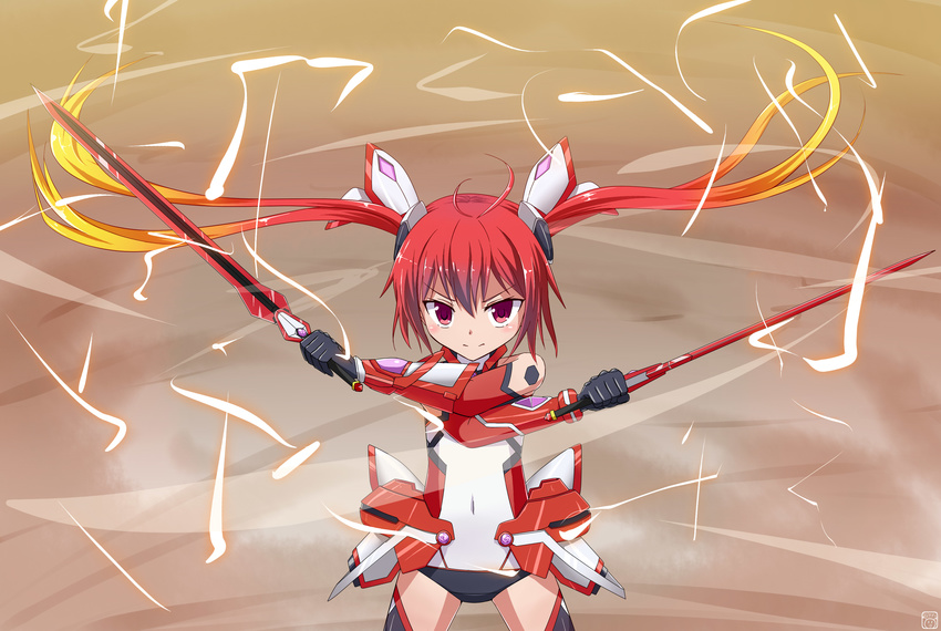 absurdres dual_wielding flat_chest genderswap gloves gradient_hair hair_ornament highres leotard long_hair mecha_musume midzuha mitsuka_souji multicolored_hair ore_twintail_ni_narimasu red_eyes red_hair solo sword tail_red tailred thighhighs twintails very_long_hair weapon