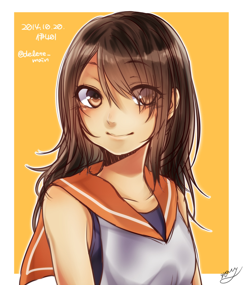 alternate_hairstyle bad_id bad_pixiv_id brown_eyes brown_hair character_name collarbone dated hair_down hair_over_one_eye highres i-401_(kantai_collection) kantai_collection long_hair rom sailor_collar school_swimsuit signature smile solo swimsuit swimsuit_under_clothes twitter_username upper_body yellow_background