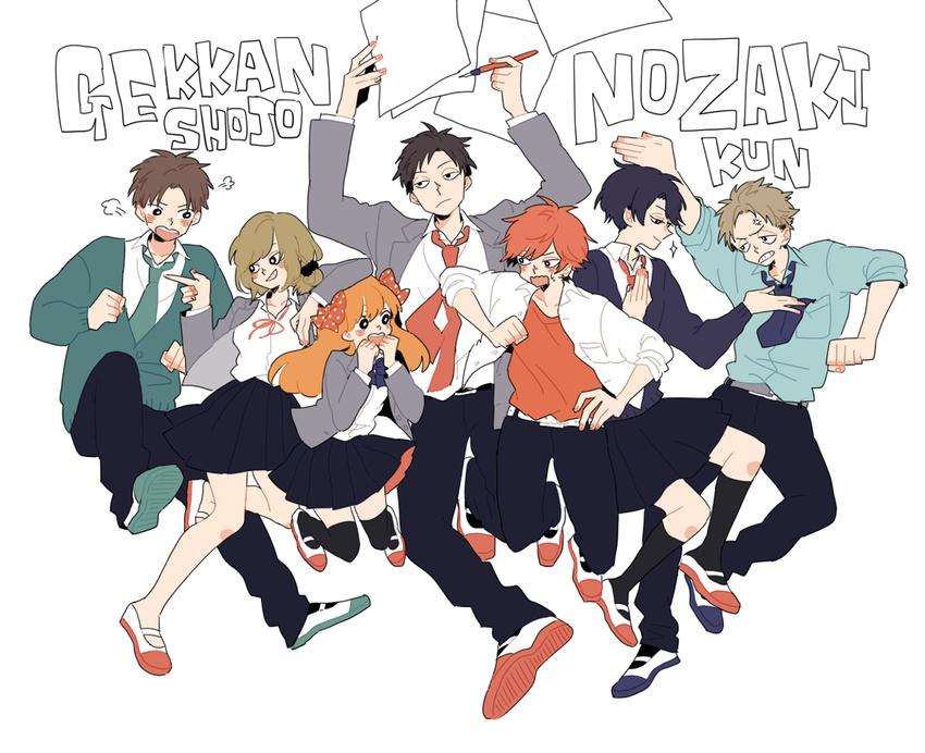 4boys anger_vein bad_id bad_pixiv_id black_hair black_legwear blue_hair bow brown_hair copyright_name gekkan_shoujo_nozaki-kun grin hair_bow hori_masayuki kashima_yuu kneehighs mikoshiba_mikoto miniskirt multiple_boys multiple_girls necktie no_socks nozaki_umetarou orange_hair paper pen pleated_skirt polka_dot polka_dot_bow rikuwo rouman_academy_uniform sakura_chiyo school_uniform seo_yuzuki shoes skirt smile thighhighs uwabaki wakamatsu_hirotaka zettai_ryouiki