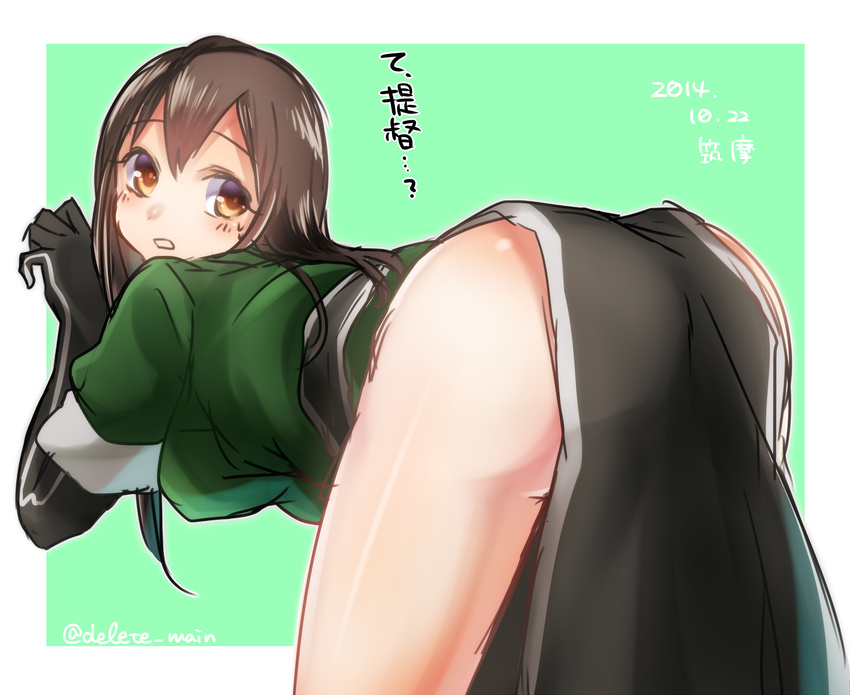 ass bad_id bad_pixiv_id bent_over black_gloves blush brown_eyes brown_hair character_name chikuma_(kantai_collection) cowboy_shot dated from_behind gloves highres kantai_collection long_hair looking_back no_panties pelvic_curtain remodel_(kantai_collection) rom solo thighhighs translated twitter_username