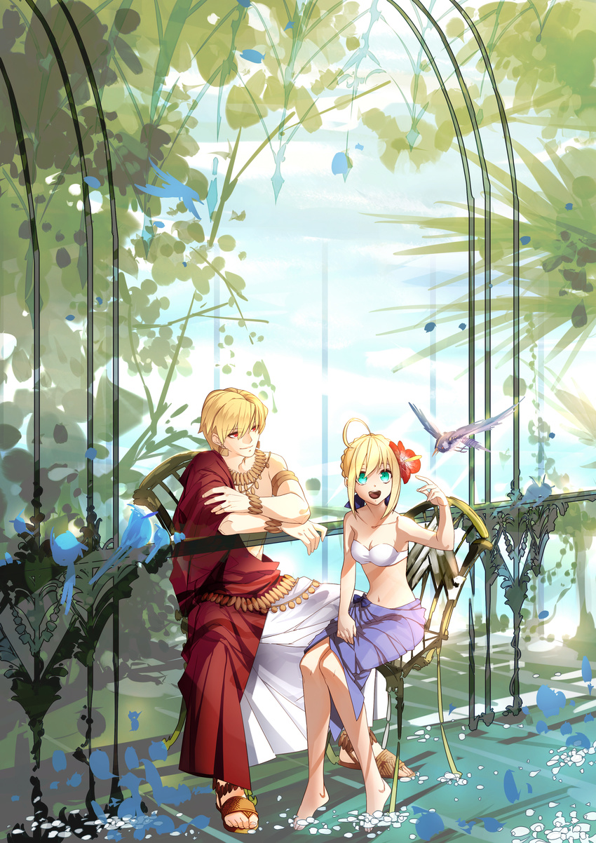 1girl absurdres ahoge aqua_eyes artoria_pendragon_(all) bad_id bad_pixiv_id barefoot bird blonde_hair bracelet earrings fate/zero fate_(series) flower full_body gilgamesh hair_flower hair_ornament hair_ribbon highres jewelry lilin99jh navel necklace open_mouth red_eyes ribbon saber sandals sarong smile toga