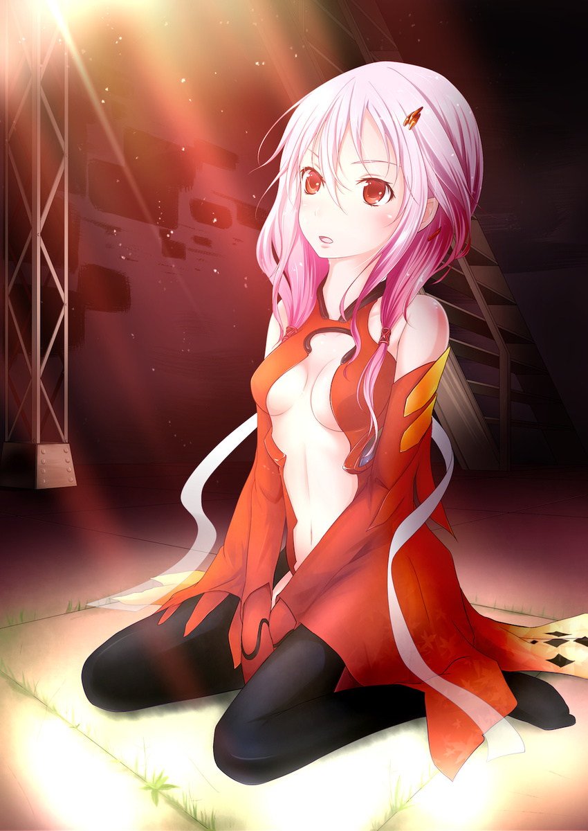 bare_shoulders black_legwear breasts center_opening cleavage detached_sleeves elbow_gloves fingerless_gloves gloves guilty_crown hair_ornament hairclip highres long_hair medium_breasts mitsukii navel pink_hair red_eyes sitting solo thighhighs twintails wariza yuzuriha_inori