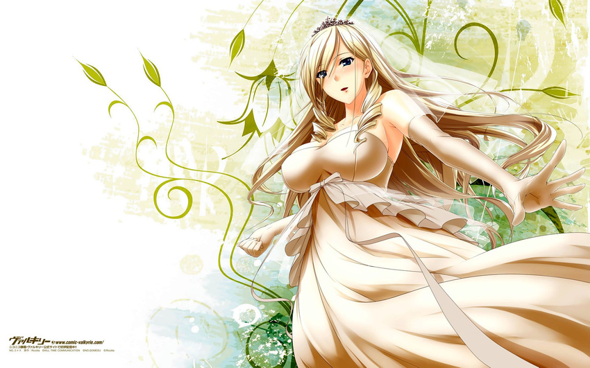 1girl blonde_hair blue_eyes breasts celia_kumani_entory dress large_breasts long_hair official_art open_mouth smile solo standing tiara walkure_romanze