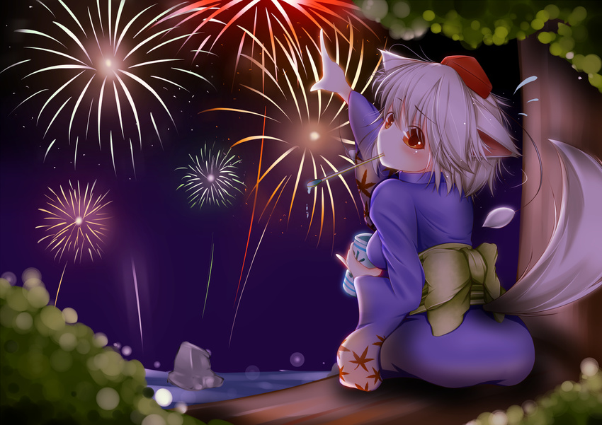 animal_ears blush breasts hat highres in_tree inubashiri_momiji japanese_clothes kimono looking_at_viewer looking_back medium_breasts mouth_hold nature night night_sky notya pointing pointing_up red_eyes silver_hair sitting sitting_in_tree sky solo sparkle star star_(sky) starry_sky sweatdrop tail tokin_hat touhou tree wolf_ears wolf_tail younger