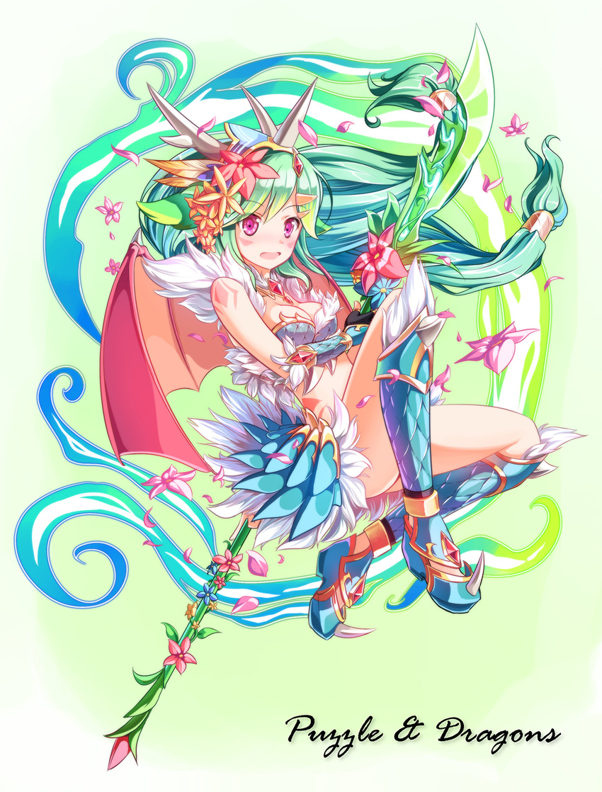arms_ai bare_shoulders bat_wings black_gloves blue_footwear boots breasts cleavage copyright_name facial_mark fingerless_gloves flower fur_trim glaive gloves green_hair hair_flower hair_ornament highres horn horns jewelry long_hair medium_breasts necklace open_mouth petals pink_eyes plan_(p&amp;d) puzzle_&amp;_dragons solo spikes vambraces wings
