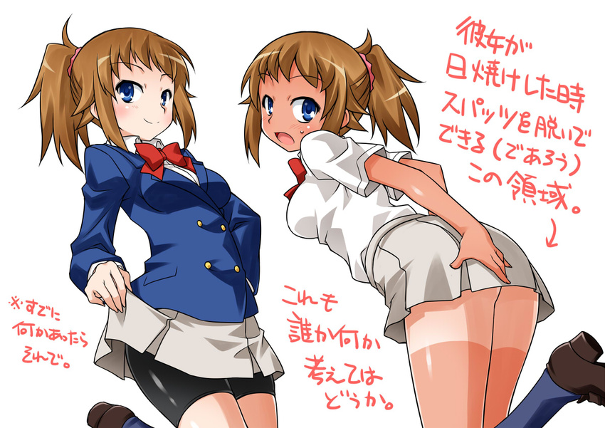 akou_roushi bike_shorts blazer blue_eyes blush bow brown_hair dress_shirt gundam gundam_build_fighters gundam_build_fighters_try hand_on_hip hoshino_fumina jacket loafers long_hair looking_at_viewer no_panties open_mouth ponytail scrunchie shirt shoes shorts shorts_tan shorts_under_skirt smile tan tanline translation_request