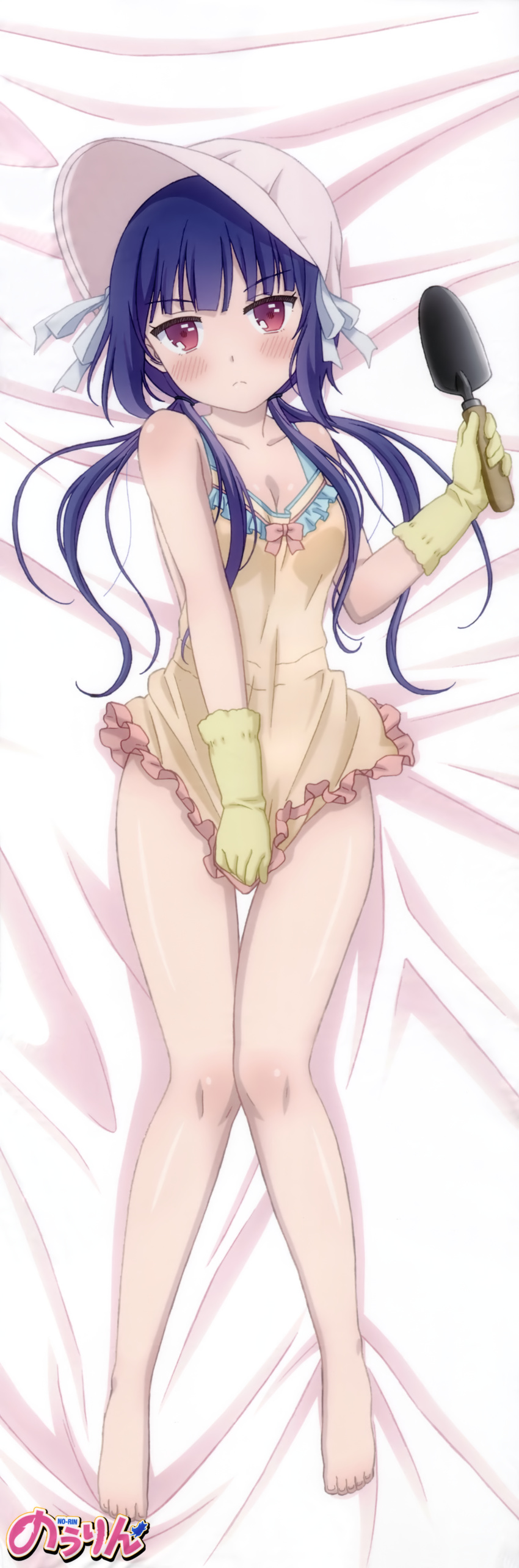 absurdres apron_pull blue_hair breasts cleavage dakimakura dress dress_tug expressionless from_above frown full_body gloves hat highres kinoshita_ringo_(no-rin) long_hair looking_at_viewer low_twintails lying medium_breasts no-rin on_back purple_eyes solo spatula thigh_gap toes trowel twintails