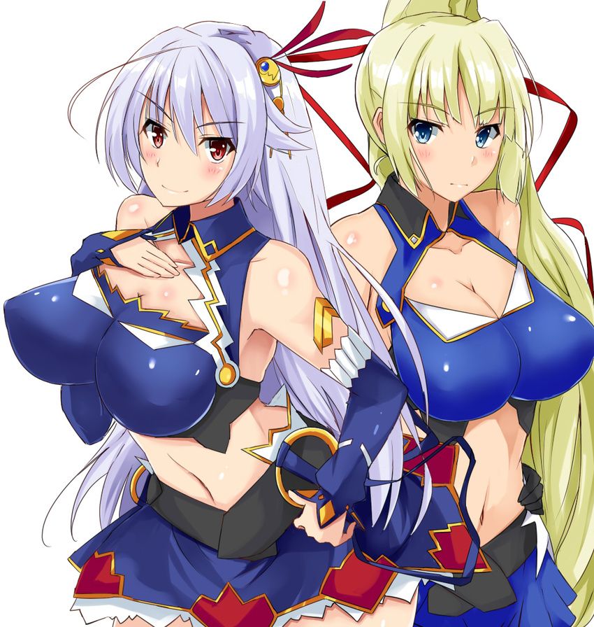 armpits bare_shoulders blonde_hair blue_eyes blush breast_suppress breasts cleavage cleavage_cutout elbow_gloves eleonora_viltaria gloves hair_ornament hand_on_hip hand_on_own_chest large_breasts limalisha long_hair looking_at_viewer madan_no_ou_to_vanadis midriff multiple_girls navel red_eyes side_ponytail silver_hair simple_background smile takara_joney white_background