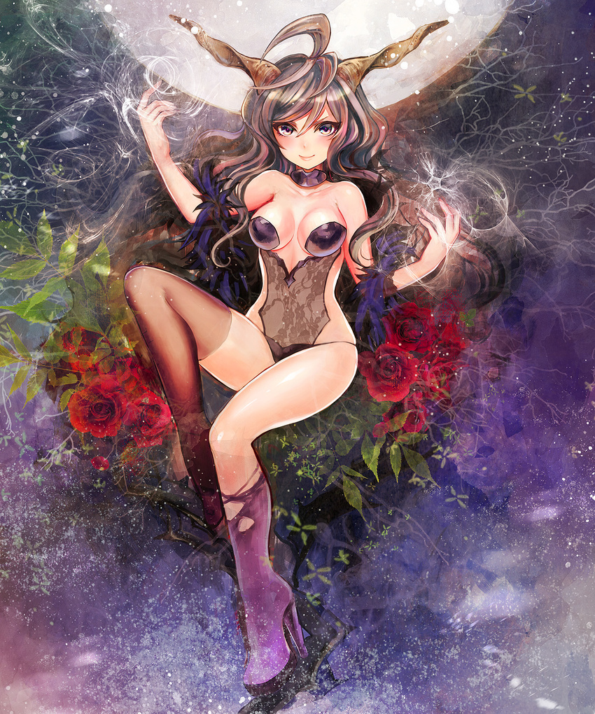 ahoge asymmetrical_legwear bare_shoulders black_panties breasts brown_eyes brown_hair brown_legwear choker duca flower full_body full_moon fur highres horns long_hair looking_at_viewer medium_breasts moon panties rose shingoku_no_valhalla_gate smile solo thighhighs underwear