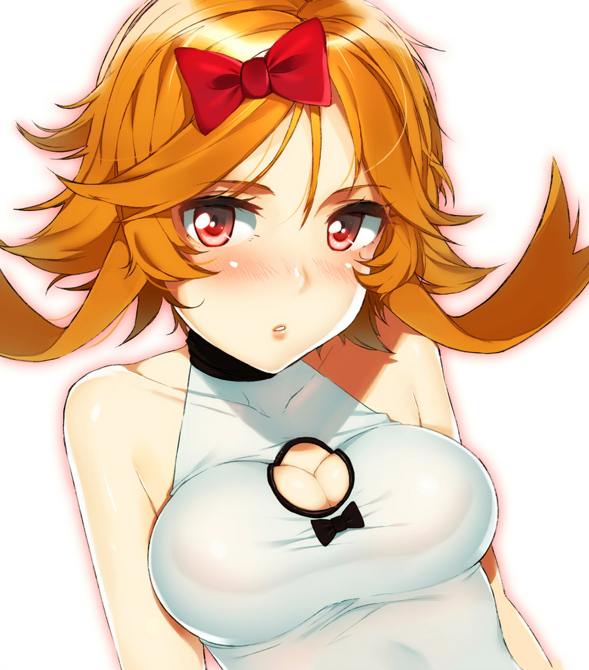 bare_shoulders blush bow breasts cleavage_cutout hair_bow halterneck highres medium_breasts orange_hair original rakkou red_eyes solo swimsuit